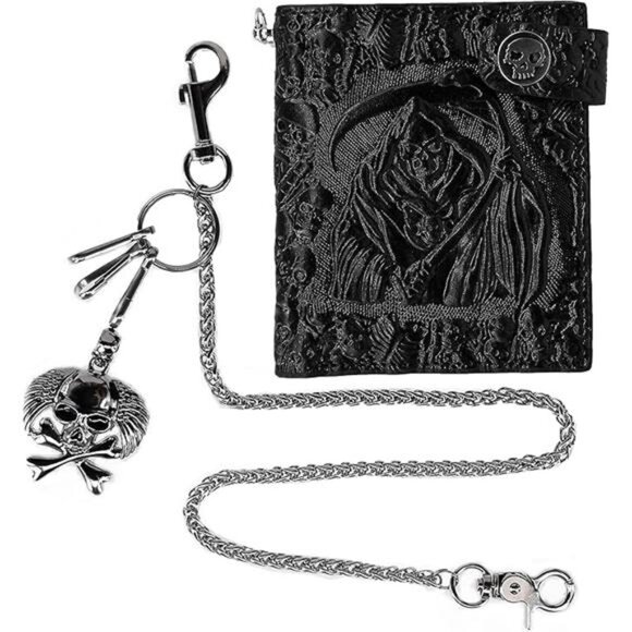 Unisex Punk Gothic Skull Biker Wallet with Stainless Chain Trucker - Picture 14 of 16